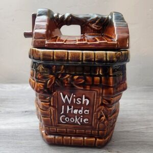 Vintage McCoy Wishing Well Cookie Jar Brown Glaze Wish I Hada Cookie Signed USA